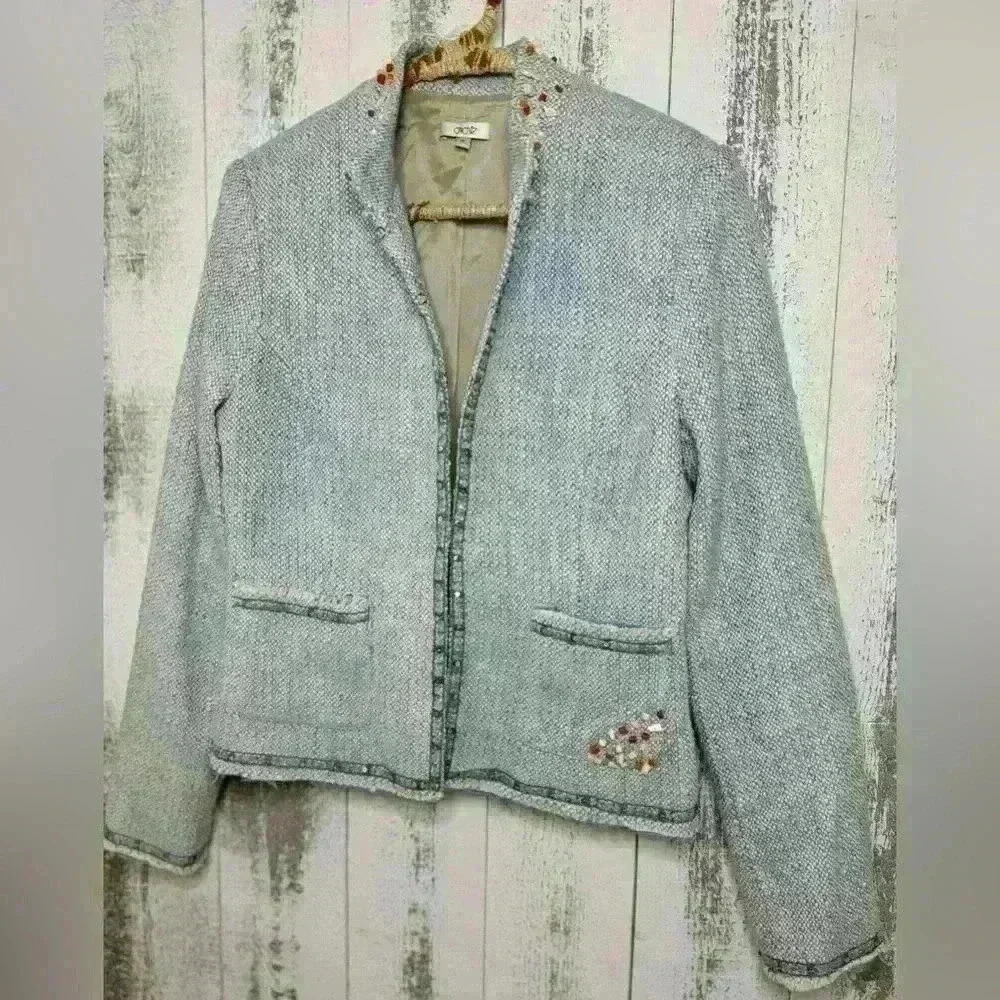 CACHE Boucle Tweed Top Jacket Lined Embellished Beads - Picture 4 of 7